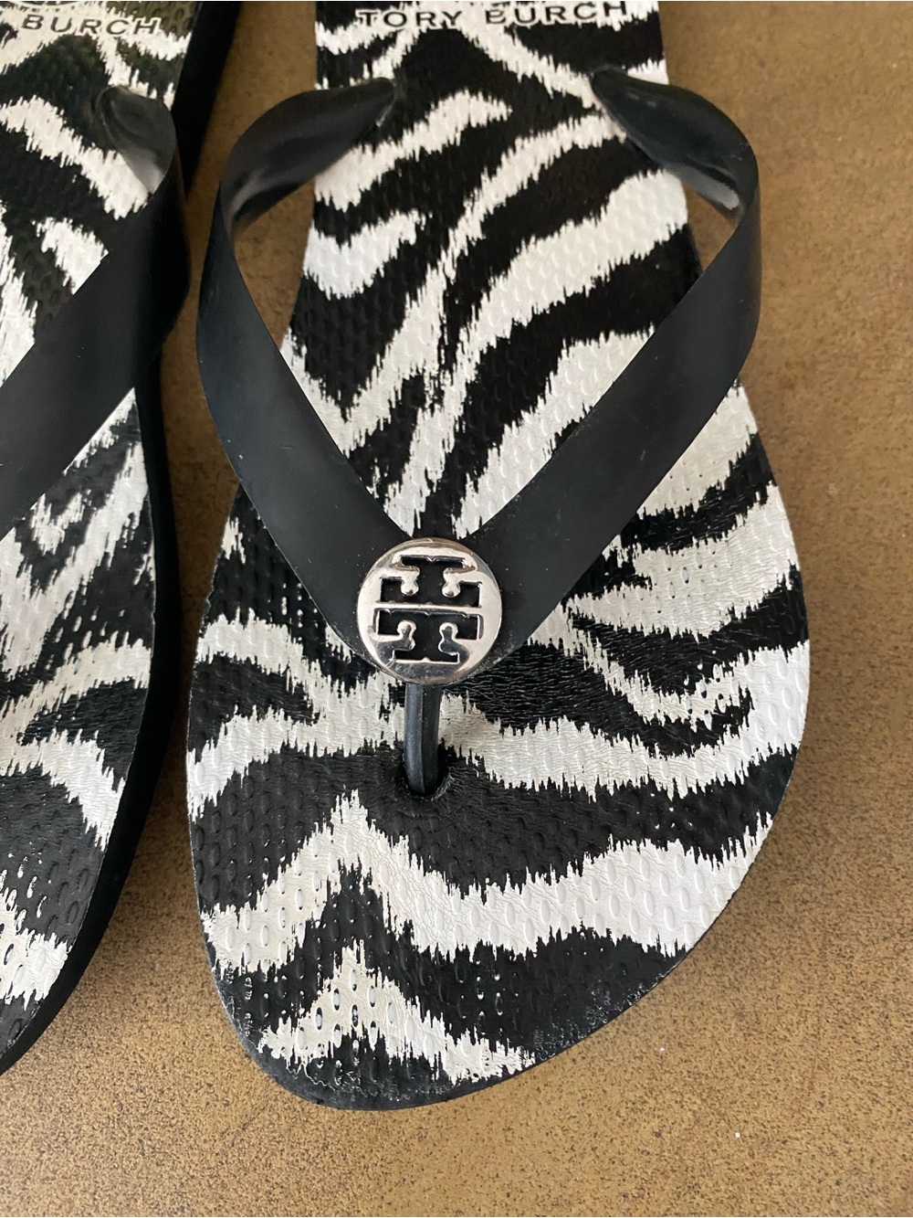 Tory Burch Black and White Zebra Print Logo Thong Sandals